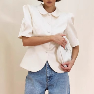 Women's waist-cinching puff-sleeved slim-fitting shirt with stylish design for commuting