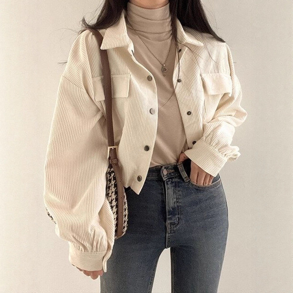 Fashionable casual long-sleeved corduroy jacket single-breasted shirt retro versatile lapel top