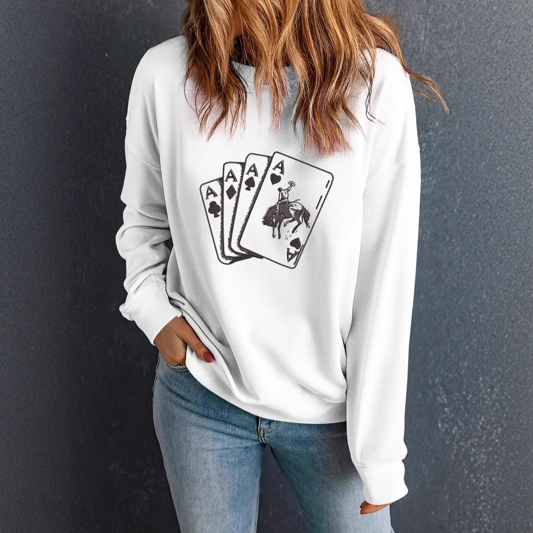 Fashionable round neck casual and comfortable long-sleeved sweatshirt design poker print women's top