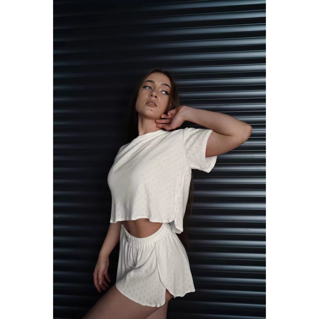 Casual women's suit knitted breathable skin-friendly suspender pajamas slit shorts two pieces